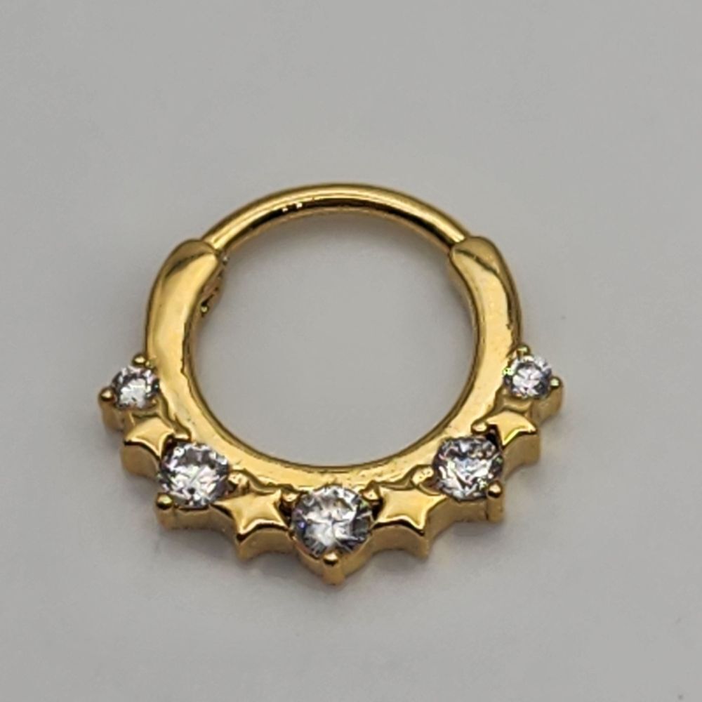Gold Tone Stainless Steel Stars CZ Septum Clicker Nose Ring